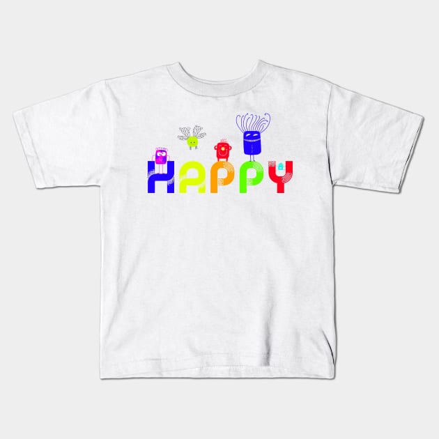 HAPPY Neon Monsters Cute Critters Smiling Positive Attitude Kids T-Shirt by ginkelmier